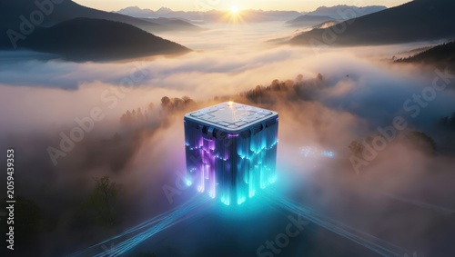 Futuristic glowing cube floating above mystical mountain mist at sunrise, digital art with vibrant energy and cosmic atmosphere