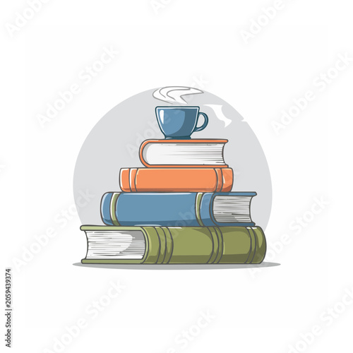 Stack of books with coffee cup illustration