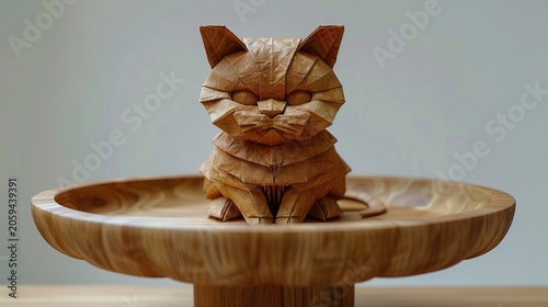 Elegant Origami Cat Sculpture On Shelf With Clean White Background