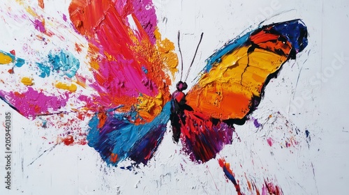Abstract painting of a butterfly with colorful wings and splashes on canvas