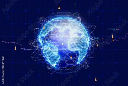 Glowing digital globe with network orbits and analytics grid connected global data flows. Concept for fintech platforms, telecom services, cloud computing, IoT ecosystems and international business.