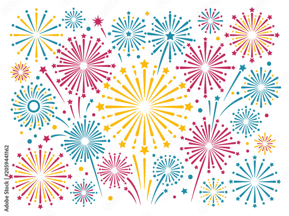 Fototapeta premium Fireworks display in vibrant yellow pink and blue colors