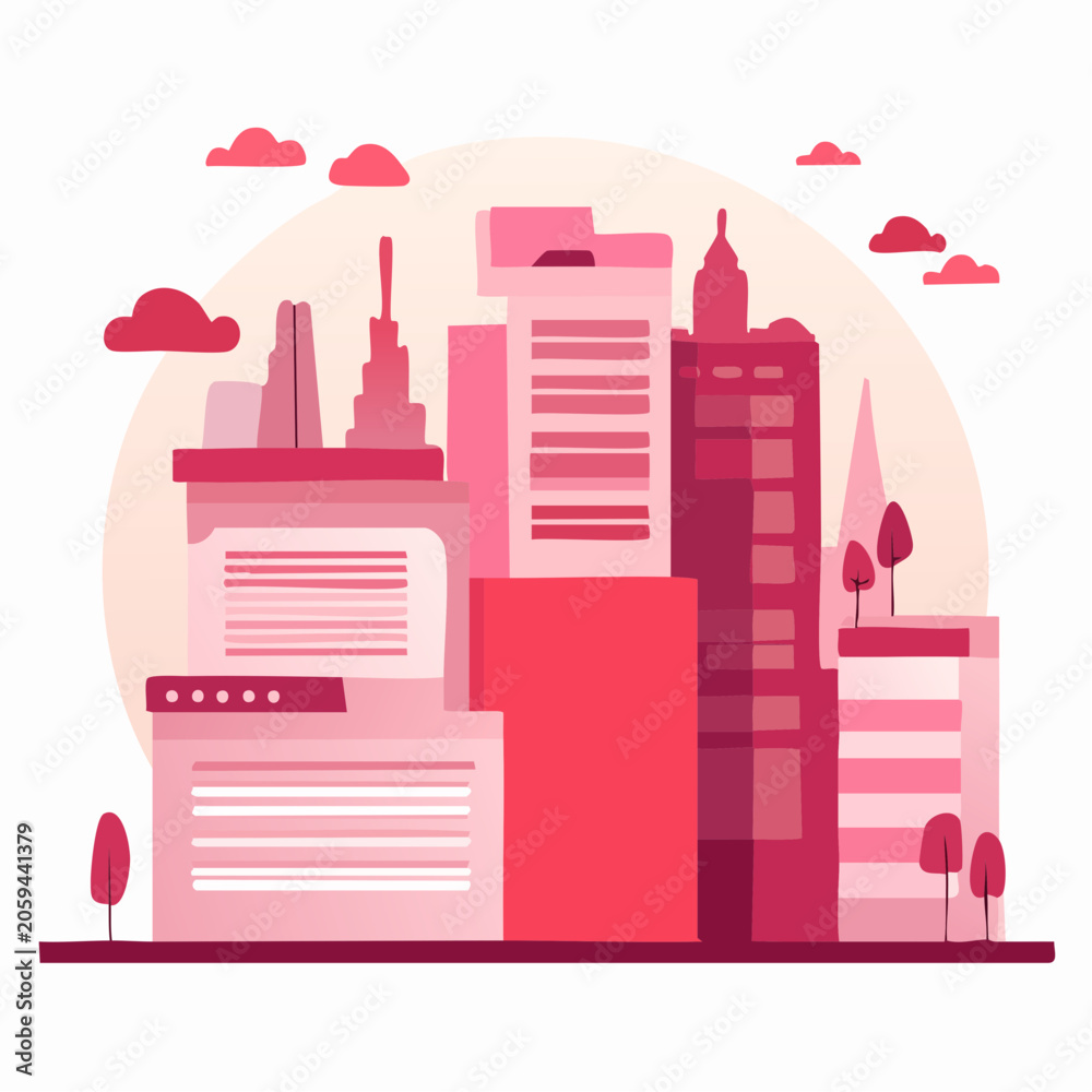 Fototapeta premium Modern Cityscape Illustration with Pink and Red Tones