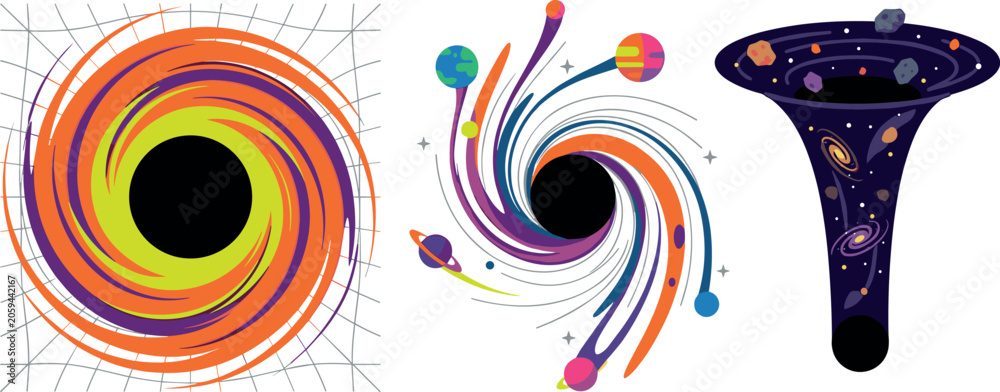 Obraz premium Cosmic Black Hole Infographic Vector Set with Gravitational Singularity, Spacetime Grid Distortion, Swirling Wormhole, and Devoured Planets for Science Education