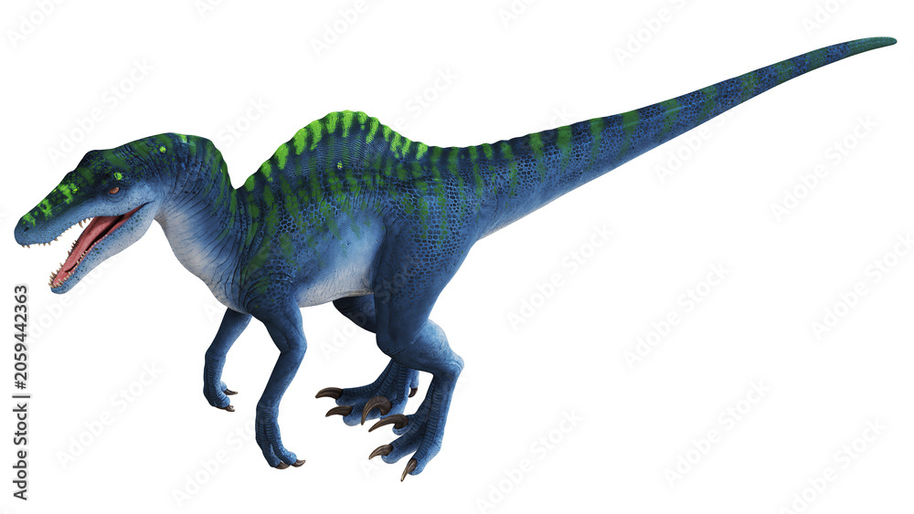 Fototapeta premium Vivid blue and green dinosaur in motion