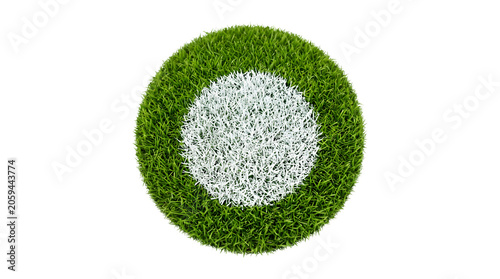 Green grass circle with white stone center, round lawn frame on white background, natural garden border element for landscaping design