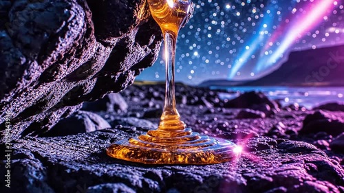 A glass of golden liquid on a rocky surface with a starry night sky