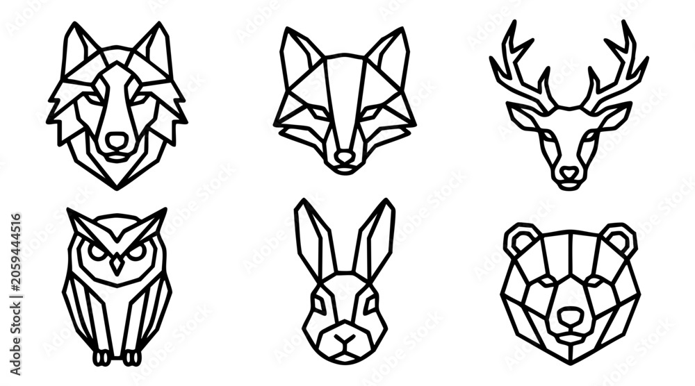Fototapeta premium Geometric vector illustration set featuring minimalist stylized animal heads created with clean bold black lines
