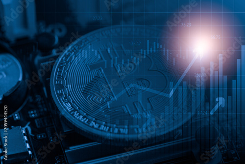 Modern way of exchange. Bitcoin is convenient payment in global economy market. Virtual digital currency and financial investment trade concept. Abstract cryptocurrency with gold bitcoin background.