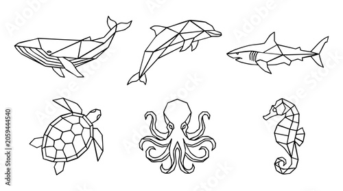 Photography Black and white geometric vector illustration set featuring various wild marine