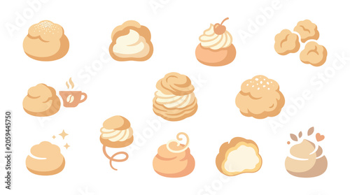 Bild auf Leinwand Collection of delicious cream puffs and choux pastry desserts with various toppings and fillings