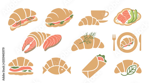 Schilderij op canvas Collection of stylized icons representing various breakfast and brunch food items, including croissants, salmon, and coffee