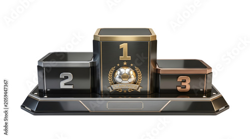 Luxury winners podium with gold silver and bronze numbers, premium black and metallic sports pedestal, 3d render of competition stage