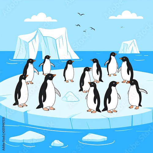 Group of penguins on an ice floe amidst the ocean and icebergs