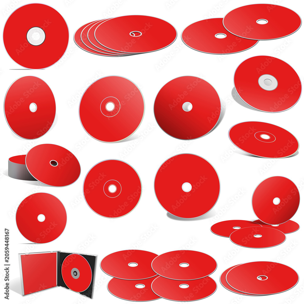 Fototapeta premium Abstract red CD disks and boxes on white background.