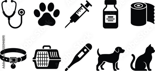 Veterinary Service Silhouette Icon Set with Stethoscope Pet Paw Syringe Medicine Bottle Bandage Dog Collar Cat Carrier Vector Clipart