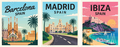 Barcelona Spain Travel Poster, Grand Palace with Palm Trees and Curved Road, Vintage Tourism Illustration, Mediterranean City Landmark Artwork