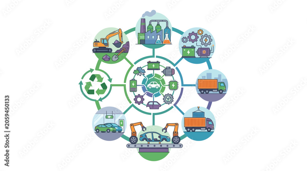 Fototapeta premium Circular Economy for Electric Vehicles: Production, Recycling, and Sustainability Concept