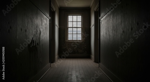 Eerie dark hallway in abandoned building with window.