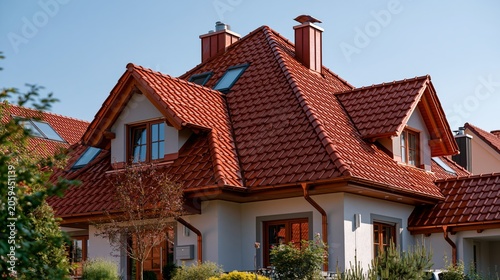 Charming Rooftop View: A close-up captures the intricate details of a residential building's rooftop, featuring warm terracotta tiles, classic chimneys, and angled skylights.