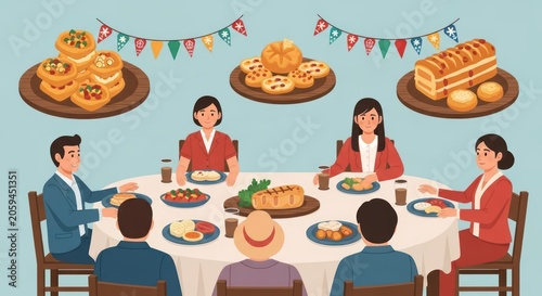 Cartoon family gathering for a festive group dinner.