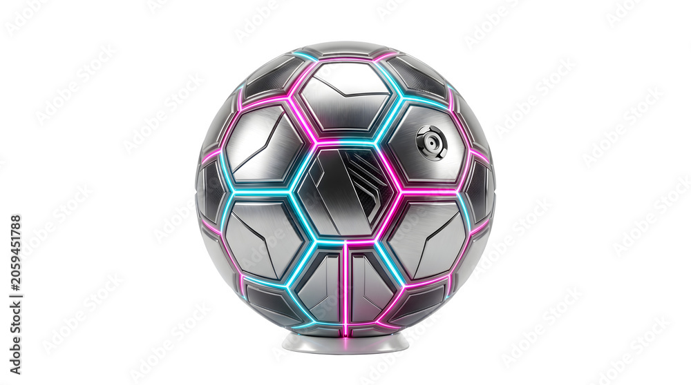 Fototapeta premium Futuristic soccer ball with neon glowing lines, metallic silver football on white background, high-tech sports equipment for gaming and esports