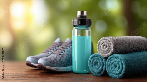 Refreshing athletic gear with water bottle, sports shoes, and plush towels for fitness and workout preparation in a natural outdoor setting