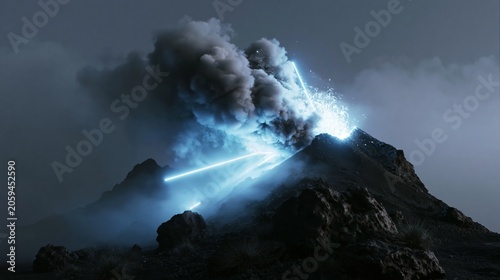 Volcanic Eruption with Blue Energy Beams: A dramatic volcanic eruption spews ash and smoke into a dark sky, while striking blue energy beams pierce the celestial canvas.