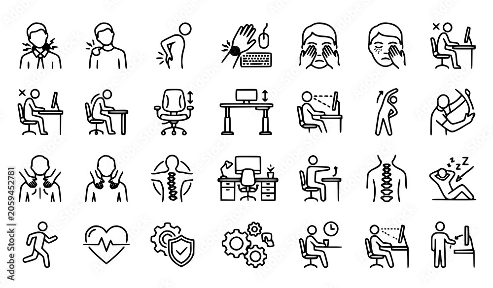 Fototapeta premium Workplace Ergonomics and Office Syndrome Outline Icons Collection with Body Pain Employee Health and Sitting Posture Line Vector Symbols