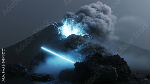Volcanic Eruption with Energy Beam: A dramatic volcanic eruption spews ash and smoke into the sky, while a luminous blue energy beam cuts across the scene.