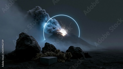 Volcanic Eruption with Neon Ring: A dramatic depiction of a volcano erupting under a cloudy sky, with a glowing neon ring encircling the fiery spectacle, evoking a sense of awe and cosmic power.