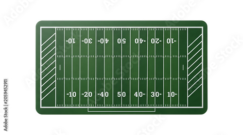 American football field top view, green grass stadium pitch with yard line markings, professional sports arena layout for game strategy