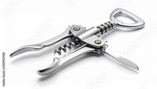 A professional stainless steel wing corkscrew isolated on a pure white background representing classic barware and wine accessories tools.