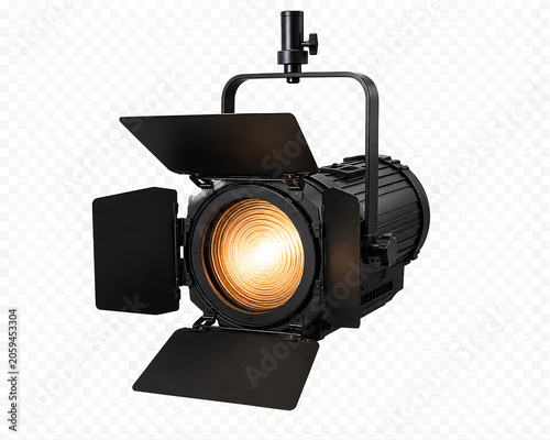Professional studio spotlight with glowing fresnel lens