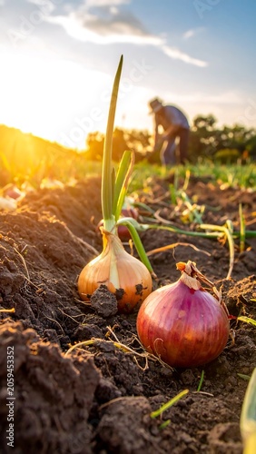 Onion harvest at sunset.