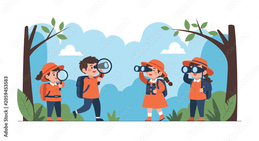 Fototapeta premium Group of four curious children dressed in explorer outfits use magnifying glasses and binoculars to discover nature in a forest.