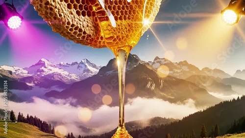 A surreal mountain landscape with honeycomb and honey stream