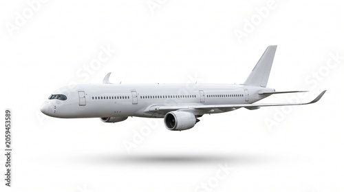 A clean, modern white airplane, isolated on a white background, showcasing its sleek design and powerful engines, ready for its next flight