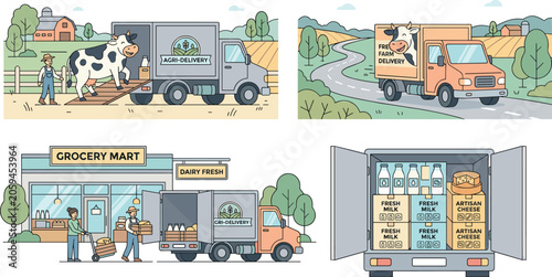Dairy Farm Delivery and Agriculture Logistics Vector Scene Set with Trucks Transporting Cows, Fresh Milk Boxes, and Supplying Local Grocery Stores
