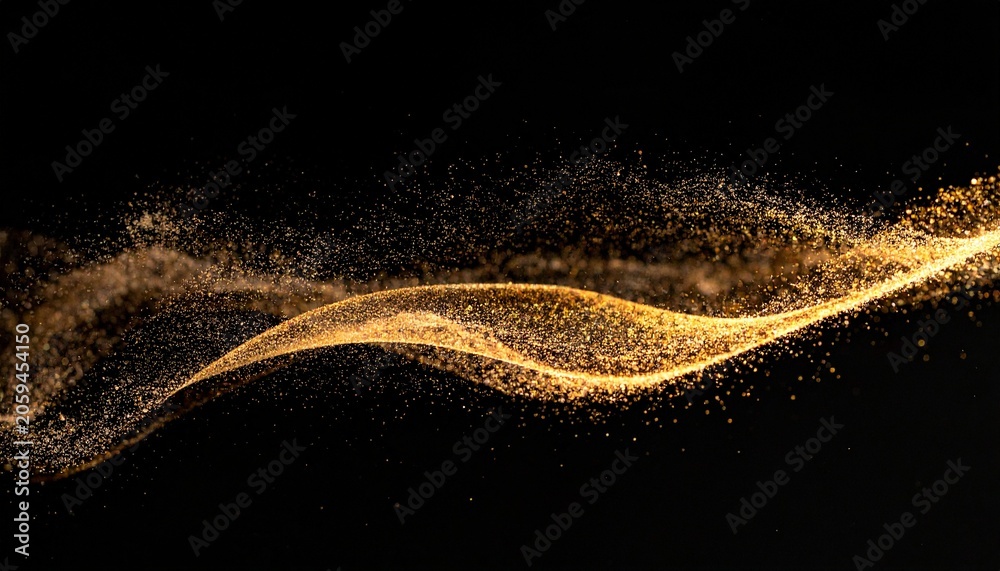 Fototapeta premium Abstract golden dust wave floating on a black background creating a luxury texture for festive designs and elegant motion graphic concepts.
