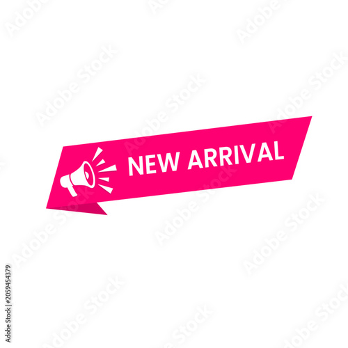 New Arrival Banner with Megaphone Icon – Pink Sale Announcement Ribbon Label Flat Vector Illustration
