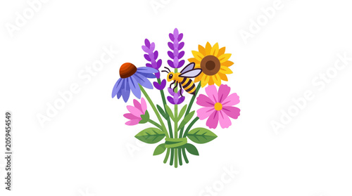 Foto Cute Bee Buzzing Around Wildflower Bouquet: Sunflower, Echinacea, Lavender, Cosm