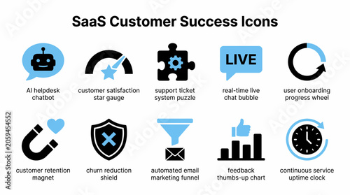 set of vector flat design icons representing various SaaS customer success concepts, including AI helpdesk chatbot, customer satisfaction gauge, support ticket puzzle, live chat bubble, user onboard