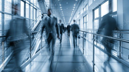 Commuters in a Modern Hallw...