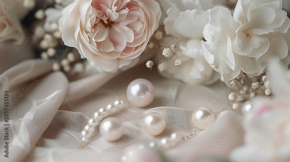 Fototapeta premium Elegant arrangement of pale pink roses and white peonies with pearls delicate fabric romantic luxurious floral composition