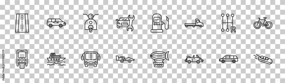Fototapeta premium outline transport icons set - road with broken lines, people carrier, shift, bobsleigh. editable vector for web and mobile ui