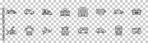 Photos outline transportation icons set - hearse, hatchback, car, dugout canoe