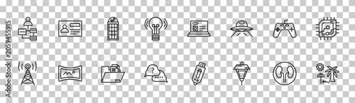 Photos outline technology icons set - user-generated content, user persona, antique gamepad, holidays