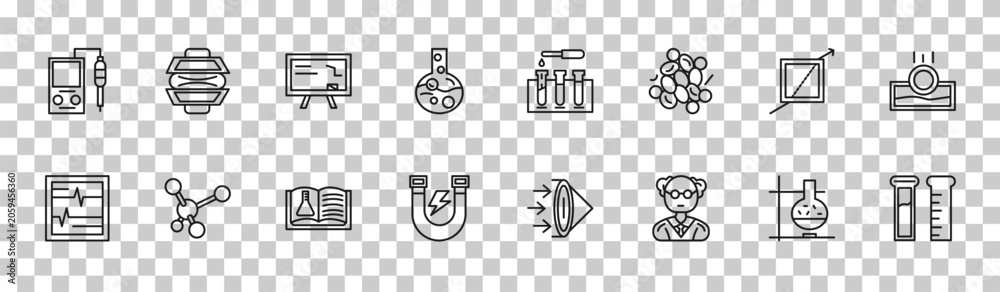 Naklejka premium outline science icons set - ph meter, force, refraction, test tube. editable vector for web and mobile ui