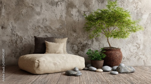 Cozy minimalist interior with natural elements, soft cushions, green plant, decorative stones, and textured wall for serene relaxation ambiance